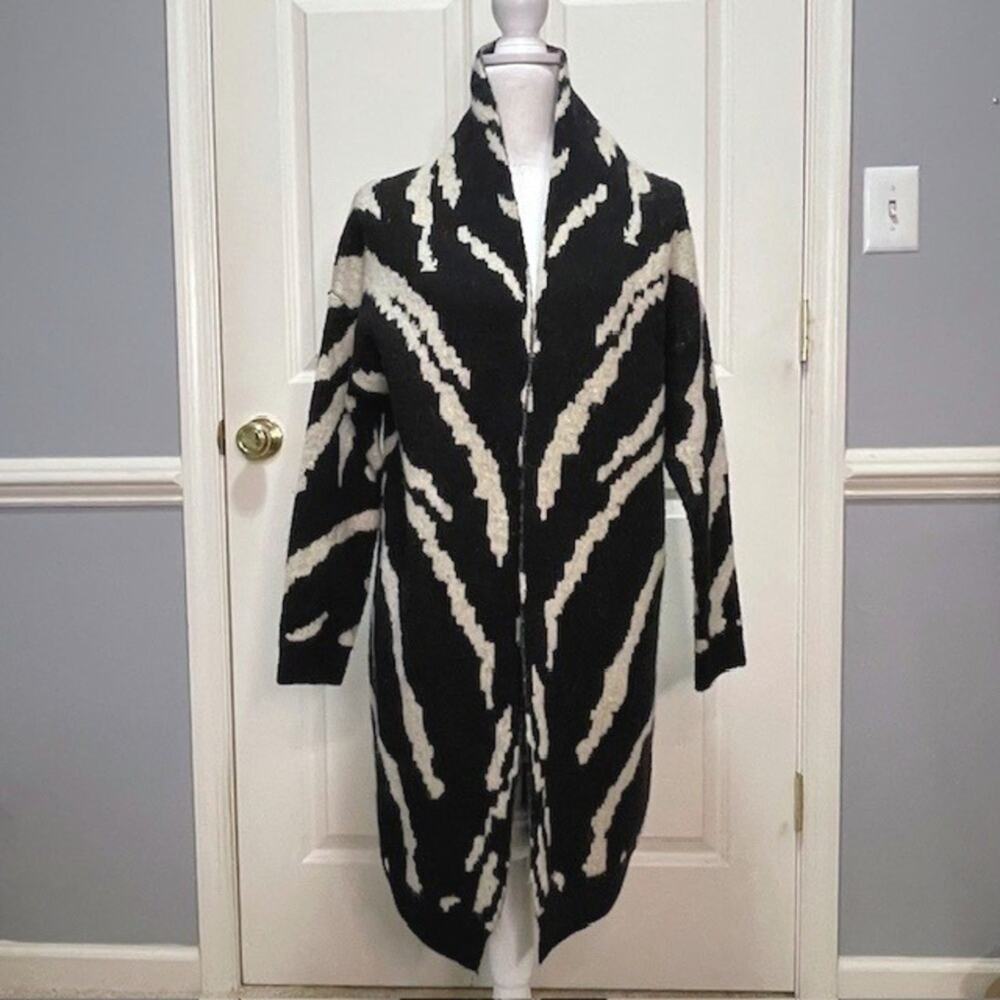 Cliché Couture Long Zebra Print Cardigan Sweater Coat Black Cream Med Statement